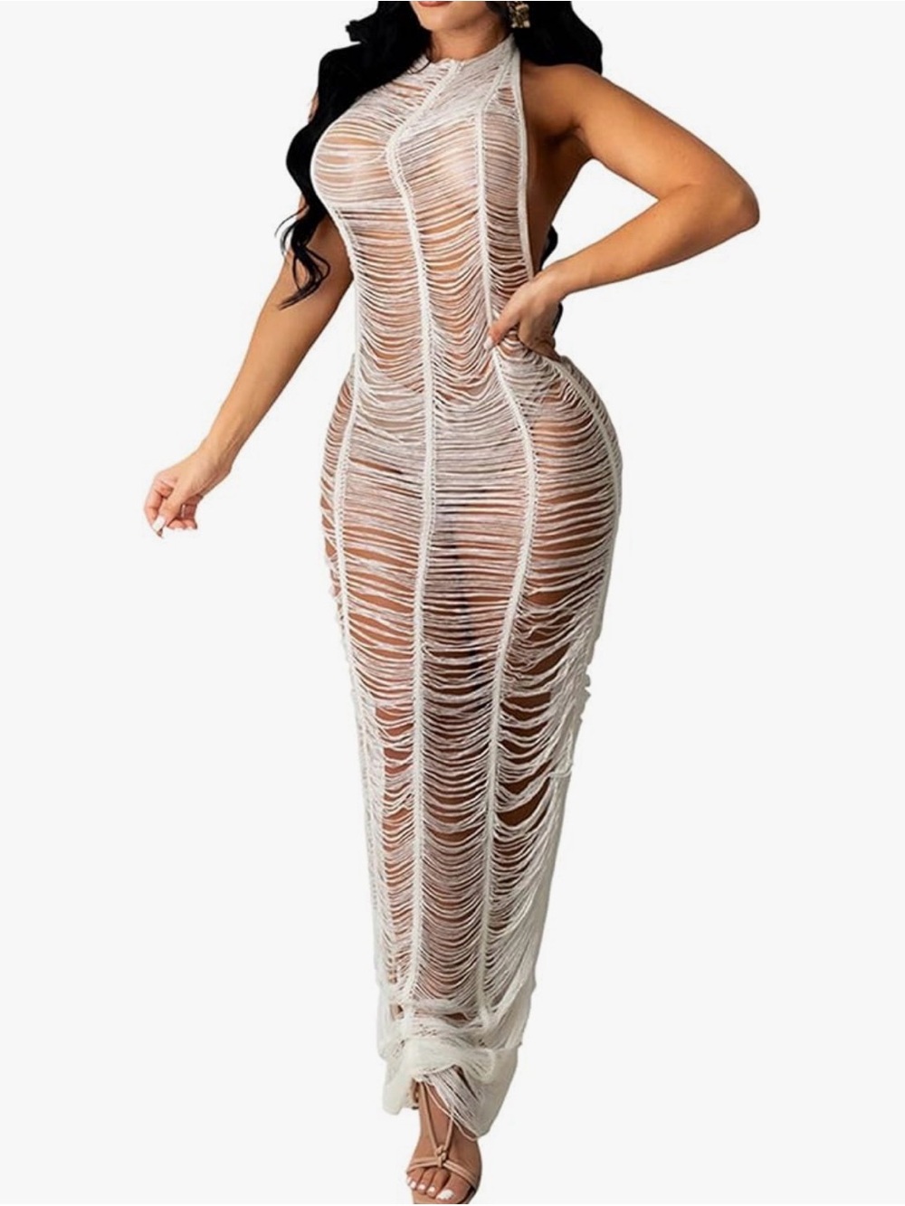 Fashion Nova Orange & White Crochet Halter Cover-Up Maxi - Picture 3 of 8